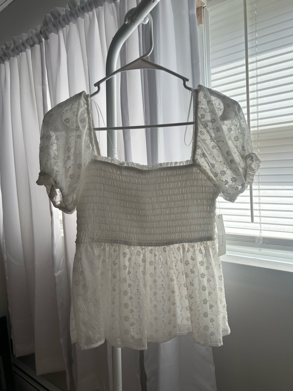 Francesca's Collections Cream Smocked Puff-Sleeve Eyelet Top